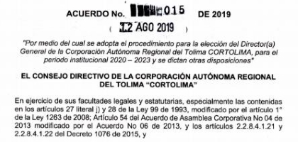 En Sesión Ordinaria del Consejo Directivo de Cortolima hoy 12 de agosto se “dio luz verde” a las fechas para elegir Director o Directora General de Cortolima