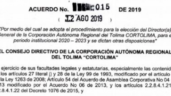 En Sesión Ordinaria del Consejo Directivo de Cortolima hoy 12 de agosto se “dio luz verde” a las fechas para elegir Director o Directora General de Cortolima